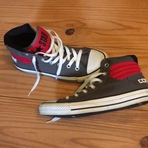 High top gray/red converse all star sneakers